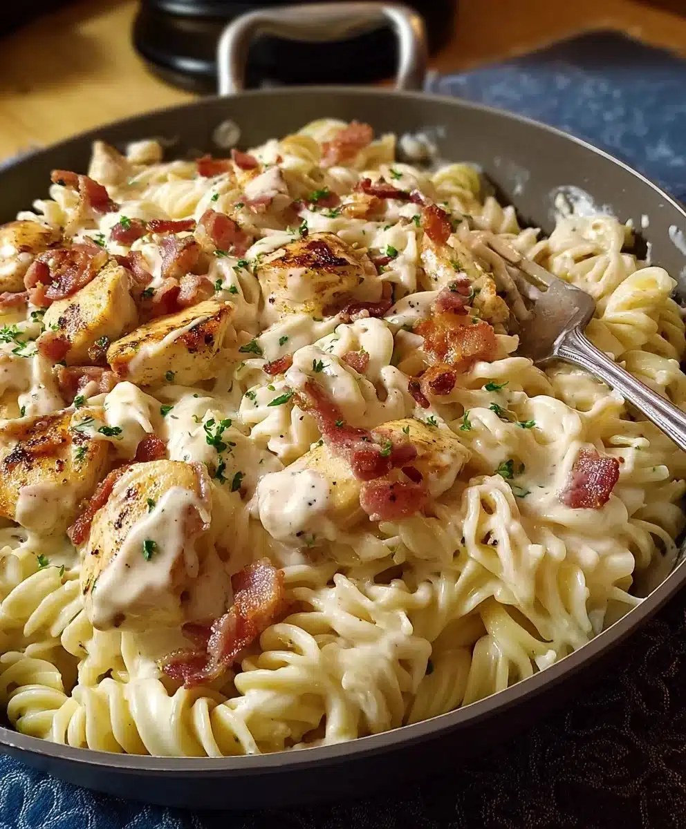Creamy Chicken Beef Bacon Ranch Pasta served in a bowl