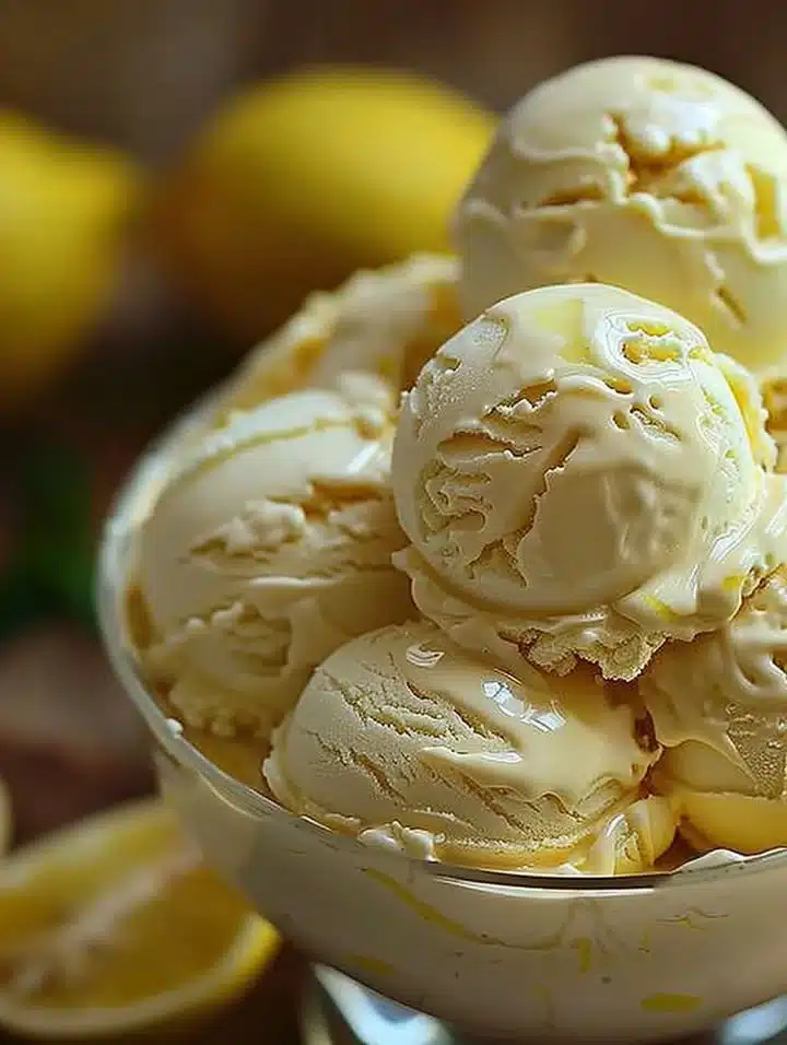 Creamy lemon custard ice cream in a bowl garnished with lemon zest