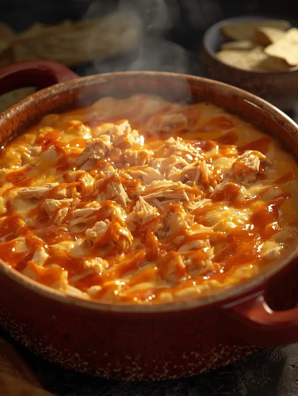 Crockpot Buffalo Chicken Dip served in a bowl, garnished with green onions and chips