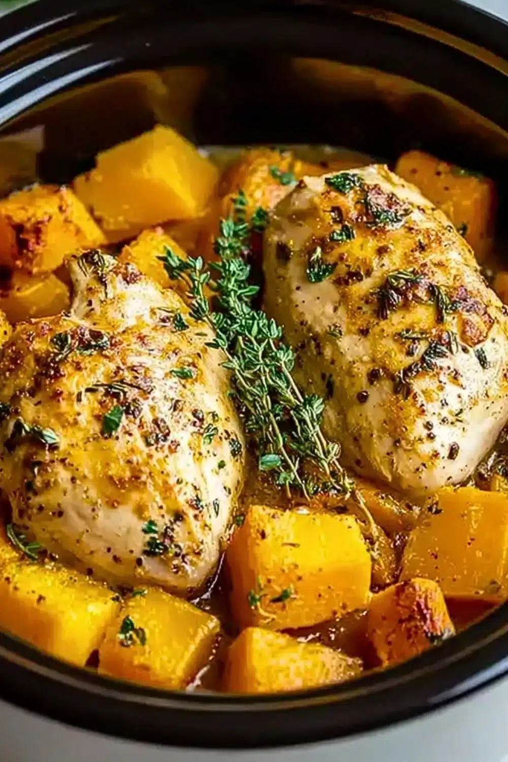 Crockpot Maple Dijon Chicken served with butternut squash on a plate