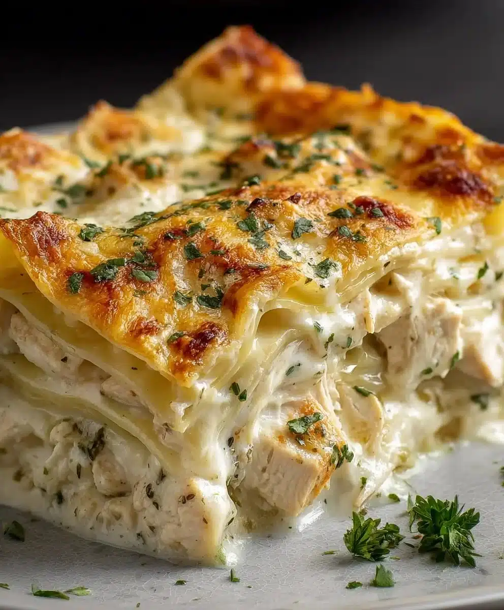 Creamy Chicken Alfredo Lasagna Bake topped with melted cheese