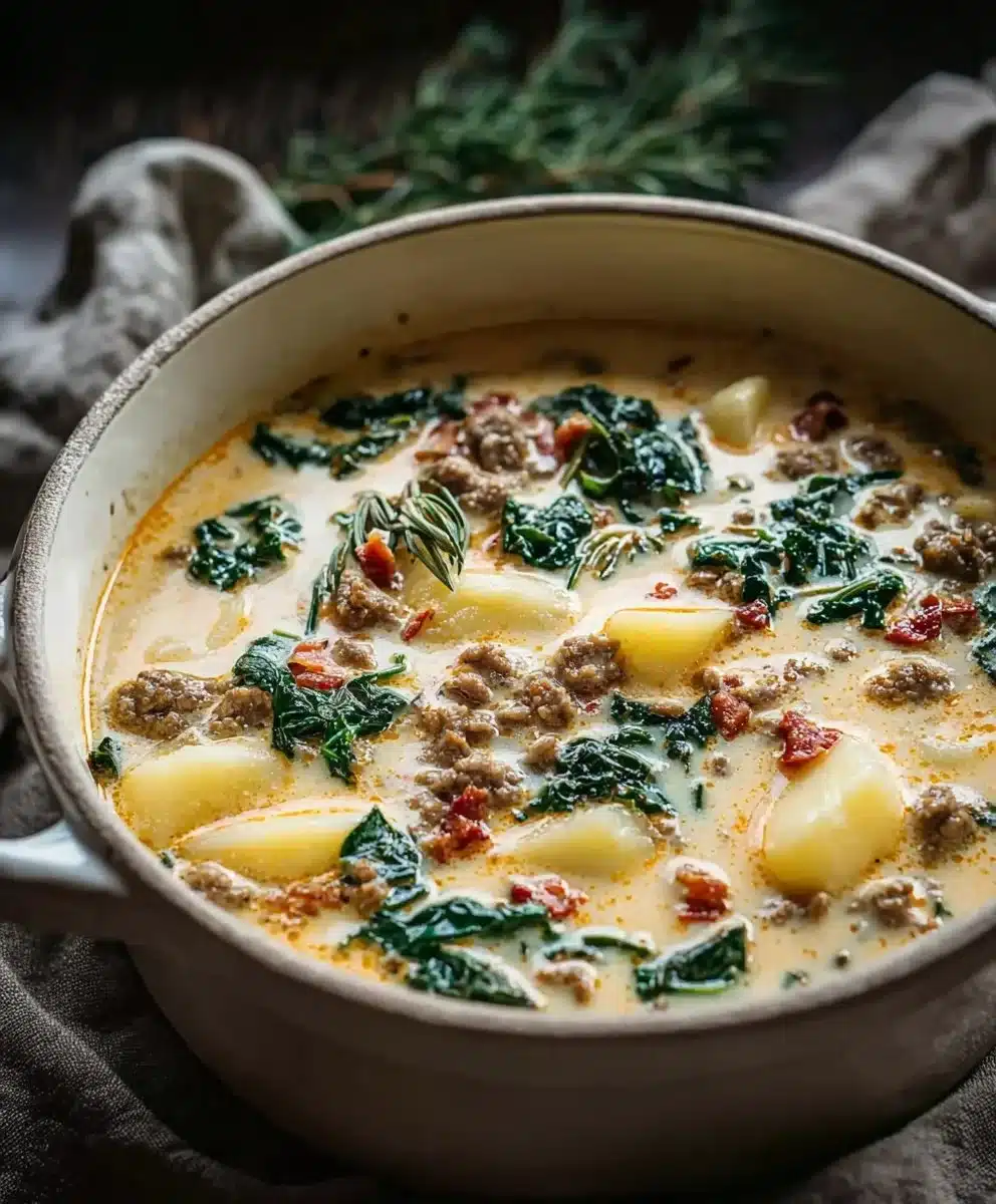 Easy Beef Zuppa Toscana soup garnished with fresh herbs in a bowl