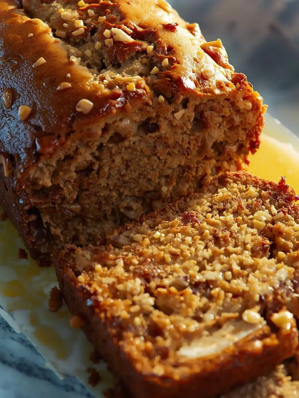 Slice of easy best moist banana bread on a wooden cutting board