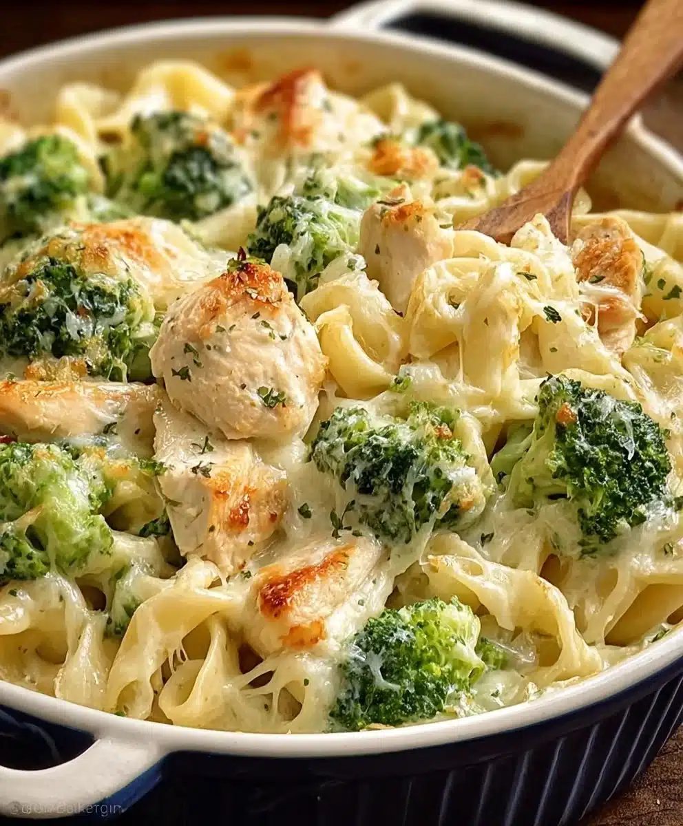Baked Chicken Broccoli Alfredo casserole topped with cheese and herbs