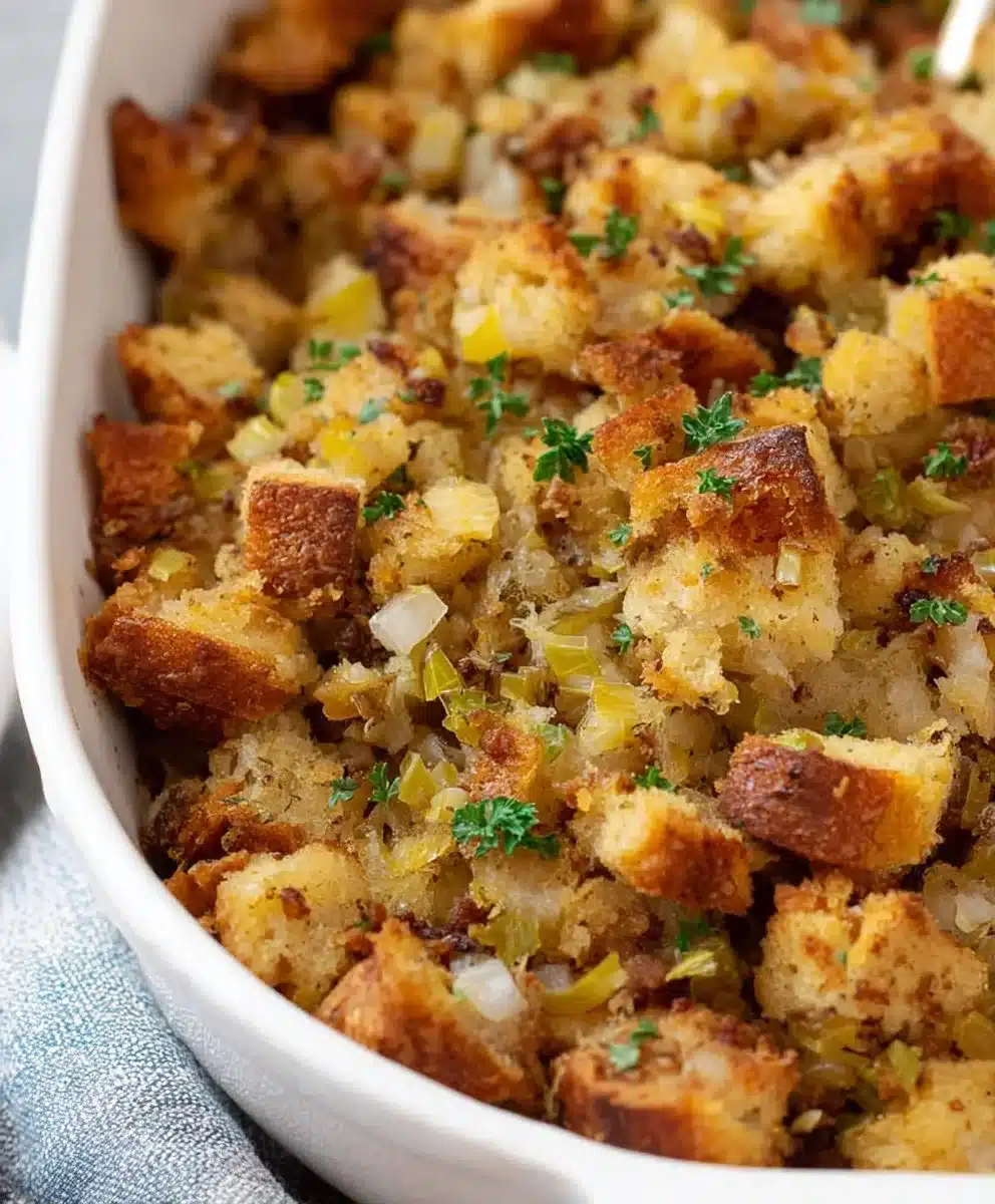 Homemade traditional stuffing with herbs and bread for Thanksgiving dinner.