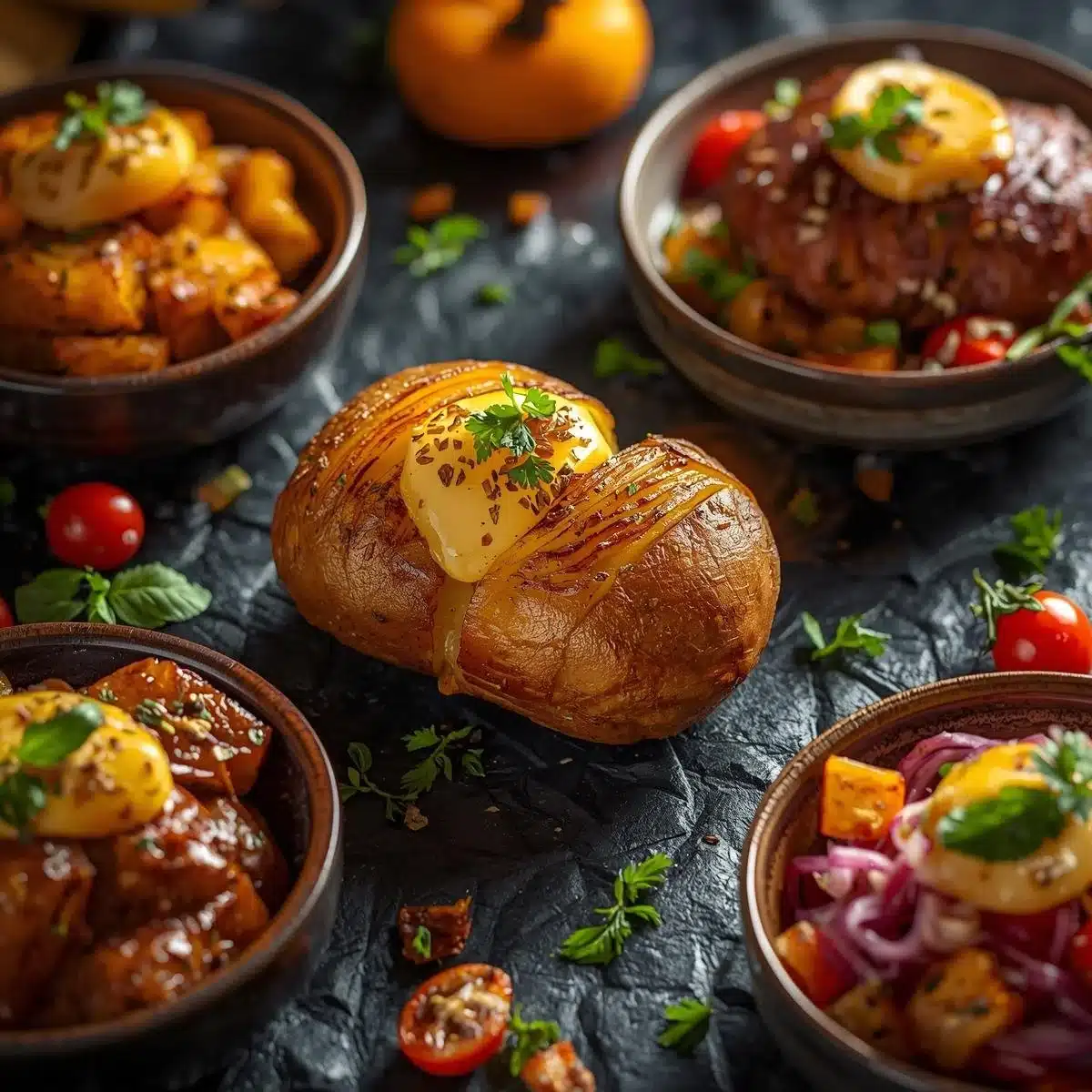 A healthy potato dinner featuring baked potatoes with fresh vegetables and herbs.