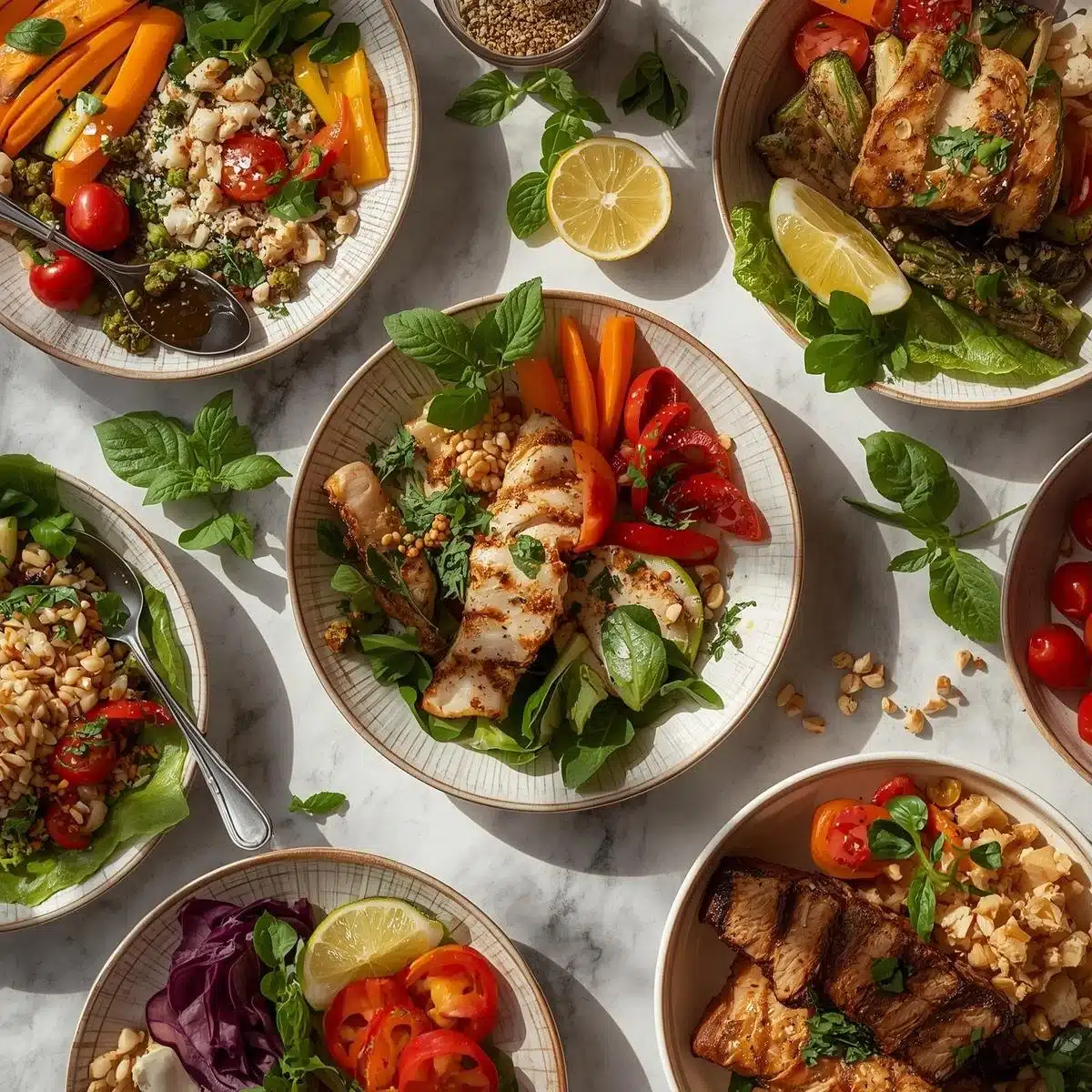 Fresh ingredients for a healthy summer dinner on a rustic table