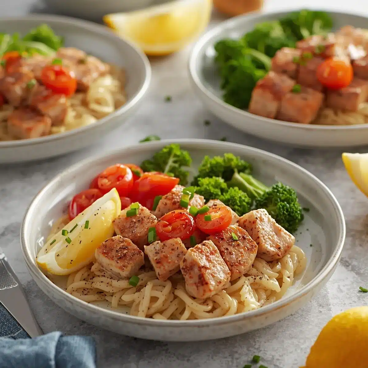 Healthy tuna dinner served with fresh vegetables and grains.