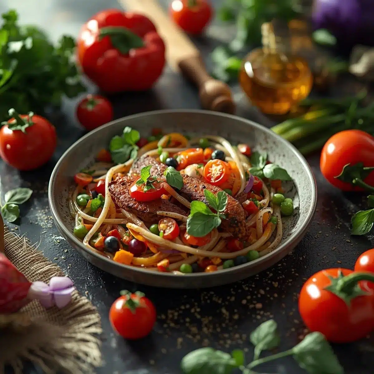 Colorful healthy vegetable stir-fry with fresh vegetables in a skillet