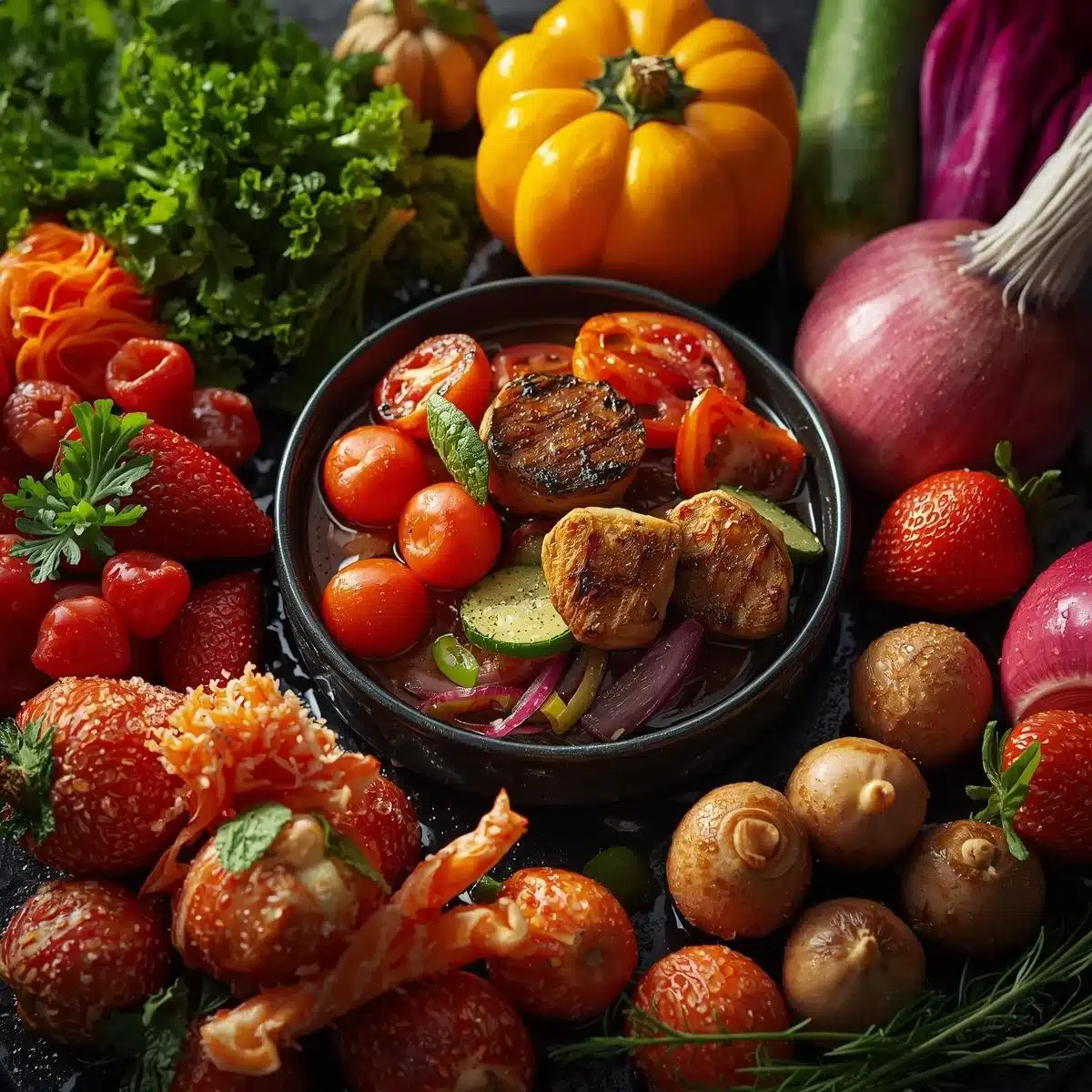 Colorful and nutritious veggie dinner plated with fresh vegetables and herbs