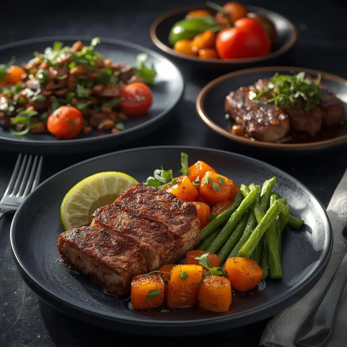 Plate of high protein low carb dinner featuring grilled chicken and vegetables.