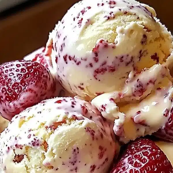 Homemade strawberry vanilla bean ice cream in a bowl with fresh strawberries