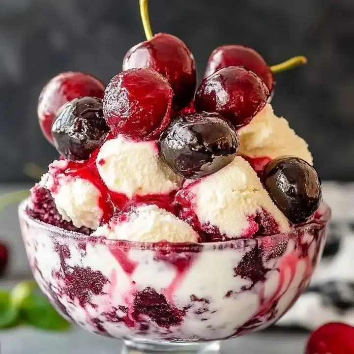 Bowl of homemade cherry vanilla ice cream topped with fresh cherries
