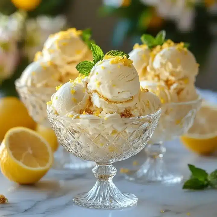 Homemade lemon cheesecake ice cream in a bowl with a lemon slice garnish.