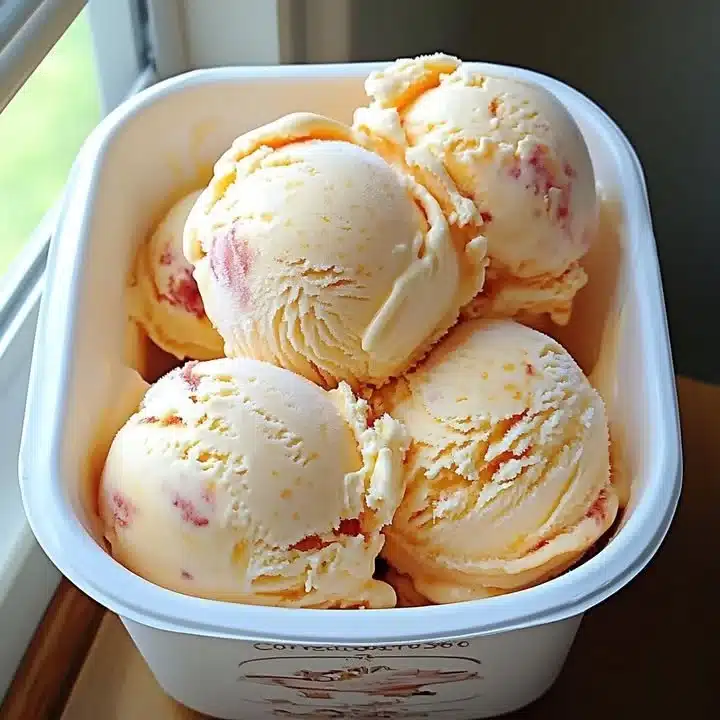 Delicious homemade peach ice cream in a bowl with fresh peaches
