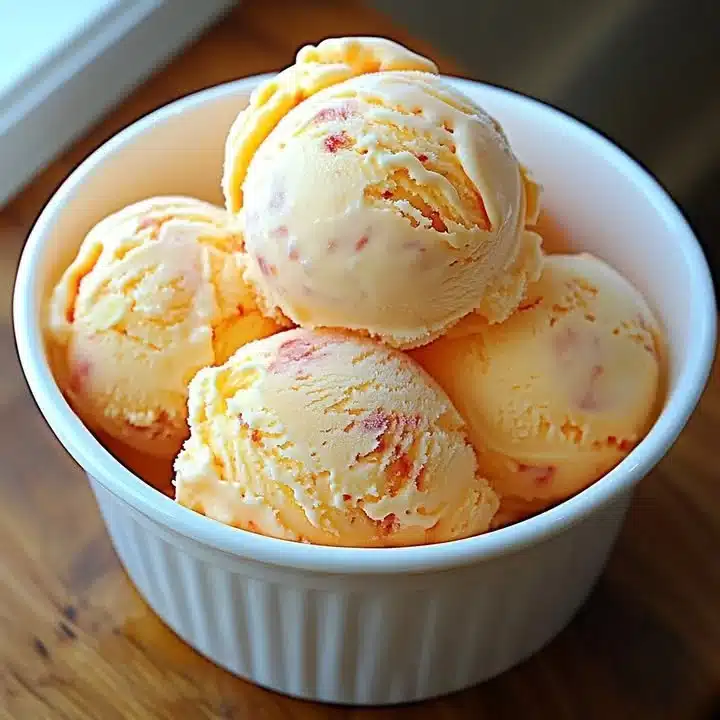 Bowl of homemade peach ice cream topped with fresh peach slices