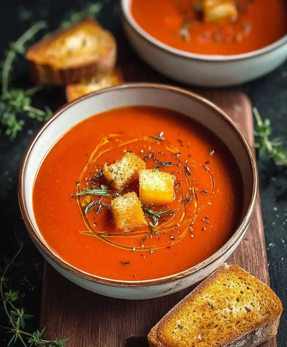 Bowl of creamy homemade tomato soup with fresh basil and croutons