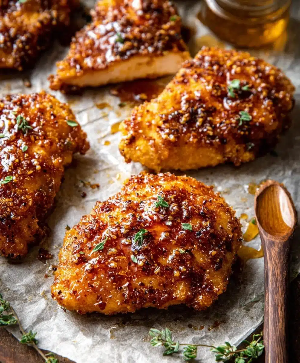 Delicious Hot Honey Chicken drizzled with spicy honey glaze served on a plate