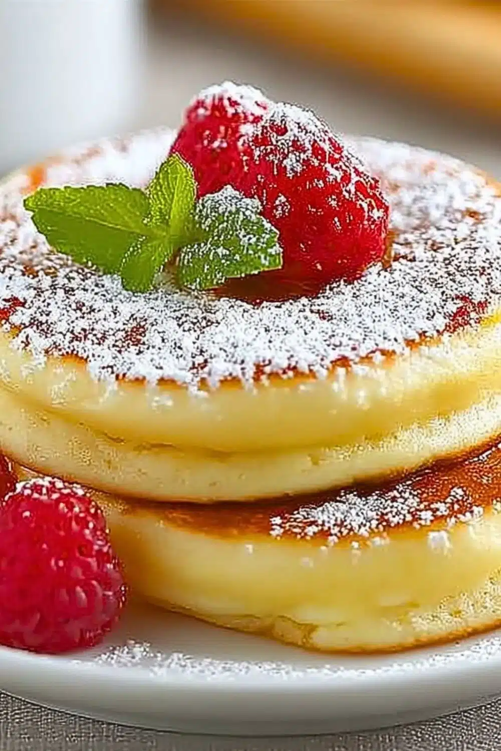 Fluffy jiggly Japanese pancakes topped with syrup and berries