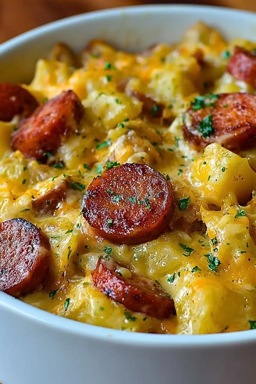 Delicious Kielbasa Sausage Cheesy Potato Casserole in a baking dish