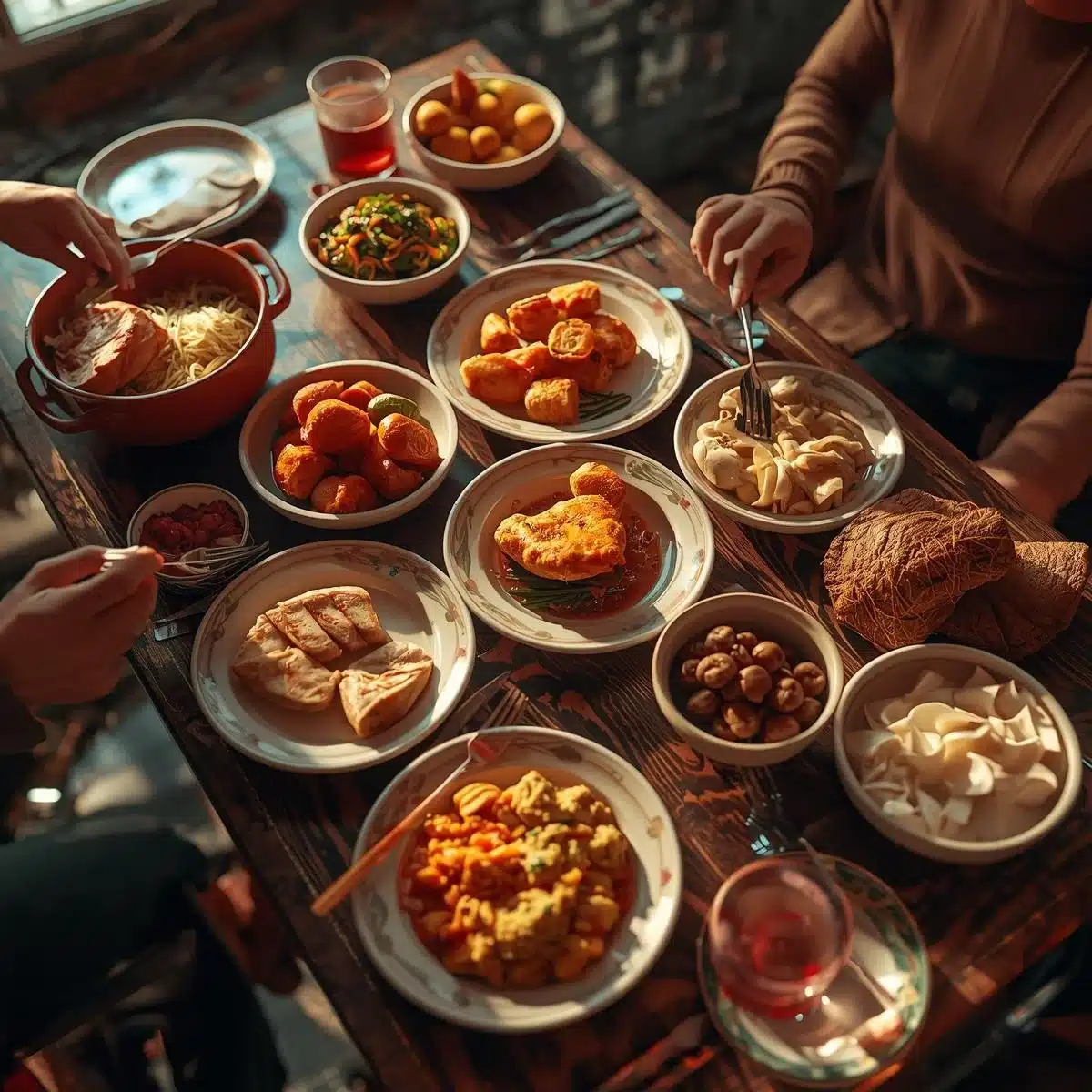A spread of easy lazy dinner recipes on a dining table.