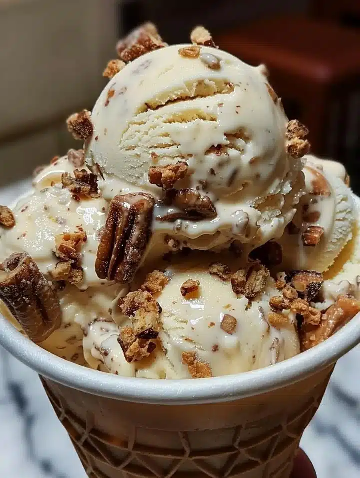 Delicious Malted Milk Toffee Crunch Ice Cream in a bowl with toffee pieces