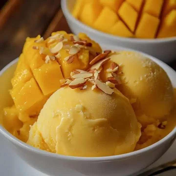 Creamy bowl of Mango Almond Ice Cream topped with sliced almonds