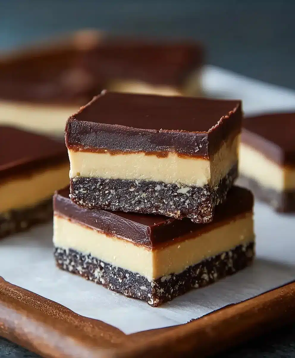 Delicious Nanaimo Bars stacked on a plate, showcasing their creamy layers.