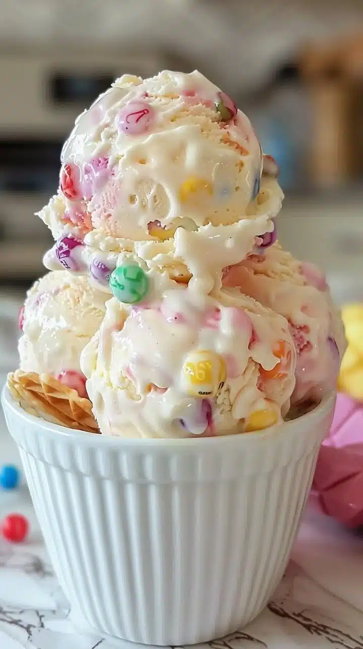 A bowl of creamy No Churn Skittles Ice Cream with bright rainbow colors.