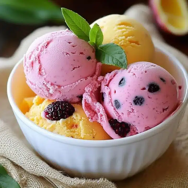 Delicious passion fruit ice cream served in a bowl with fresh passion fruits