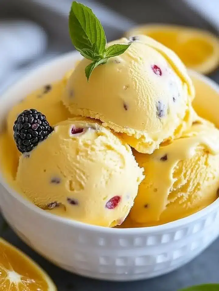Bowls of homemade passion fruit ice cream garnished with fresh fruit