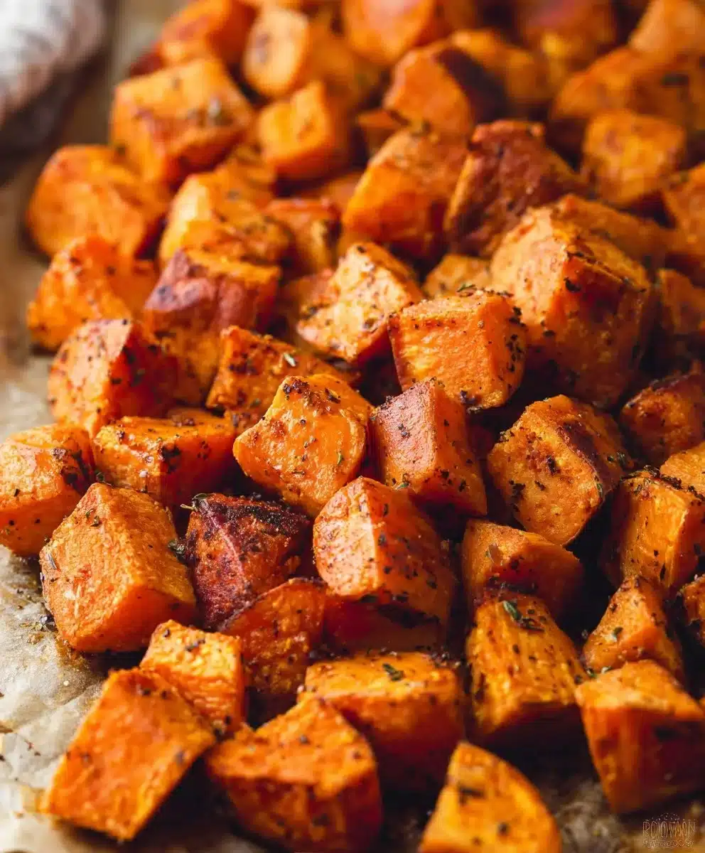 Crispy roasted sweet potatoes with a golden brown exterior and seasonings