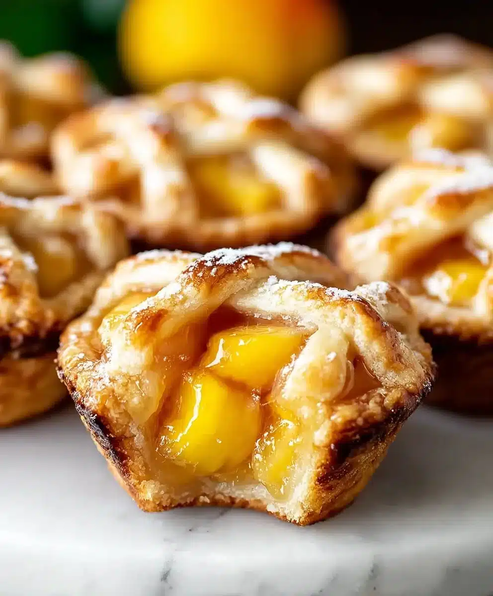 Delicious mini peach pies cooling on a wooden table, perfect summer dessert.
