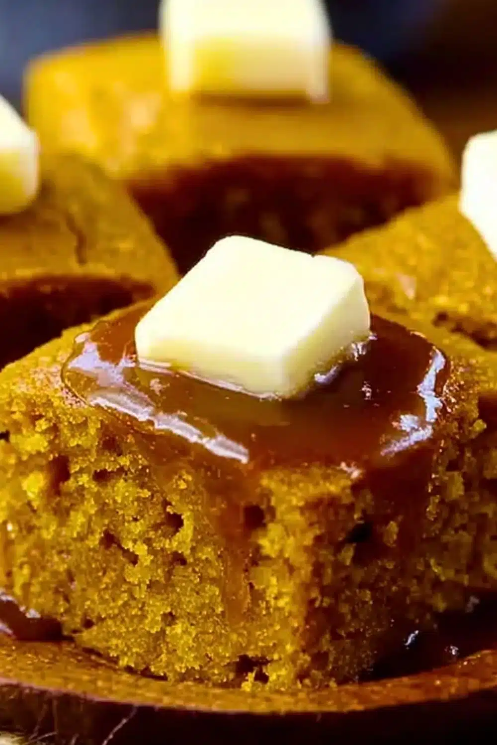 Slice of Pumpkin Cornbread with Cinnamon Honey Butter on a plate
