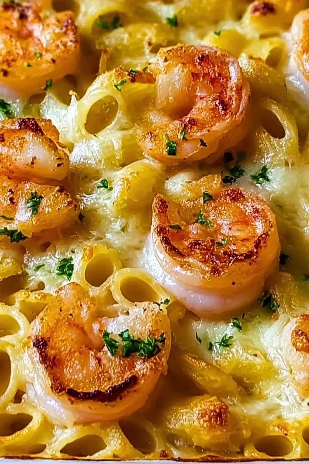 Shrimp Scampi Pasta Bake served in a cozy dish with melted cheese and herbs