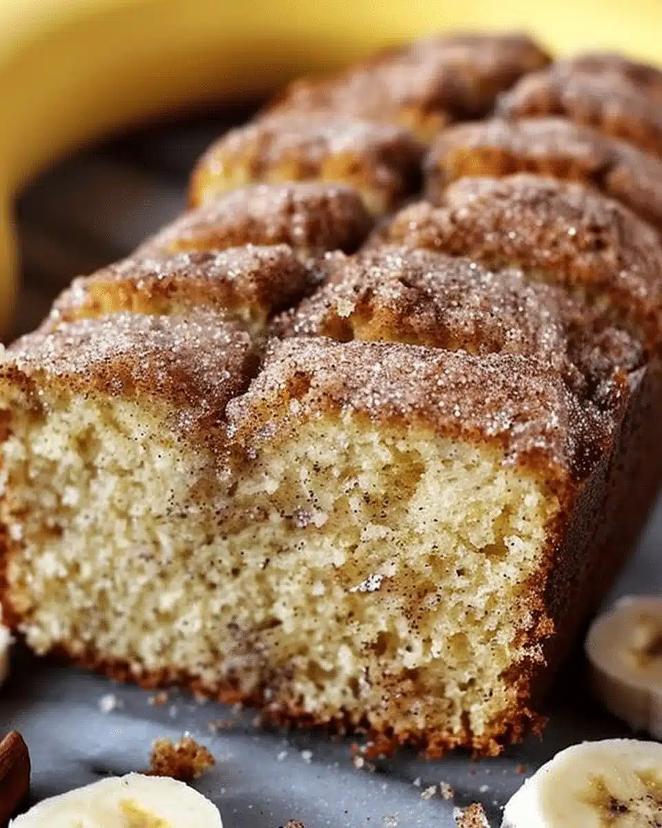 Delicious slice of homemade snickerdoodle banana bread with cinnamon sugar topping.
