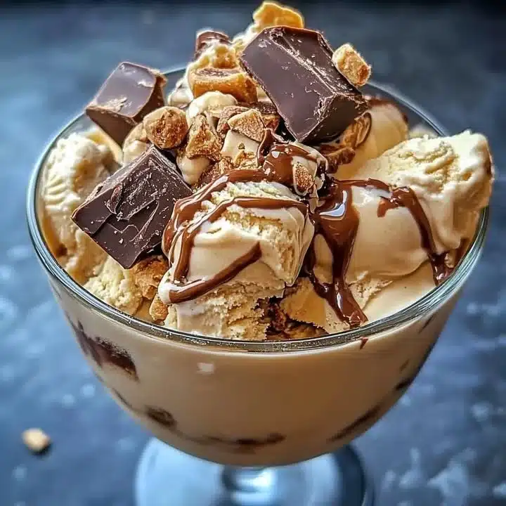 Snickers and Reese's cookie dough ice cream scoop in a bowl