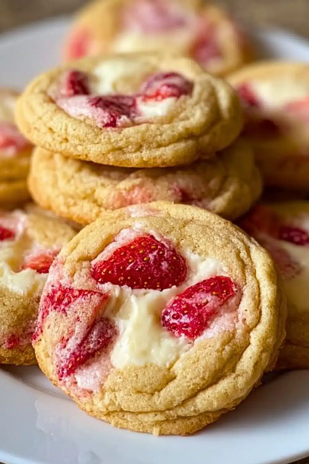 Delicious Strawberry Cheesecake Stuffed Cookies on a plate