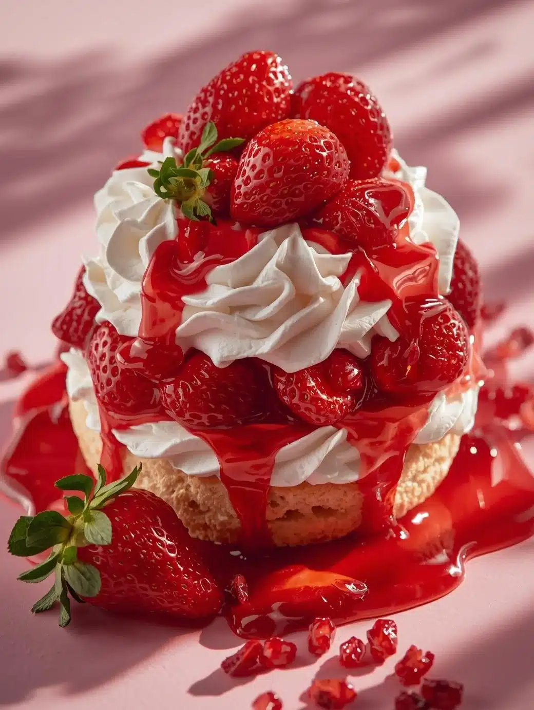 Delicious strawberry shortcake topped with fresh strawberries and whipped cream
