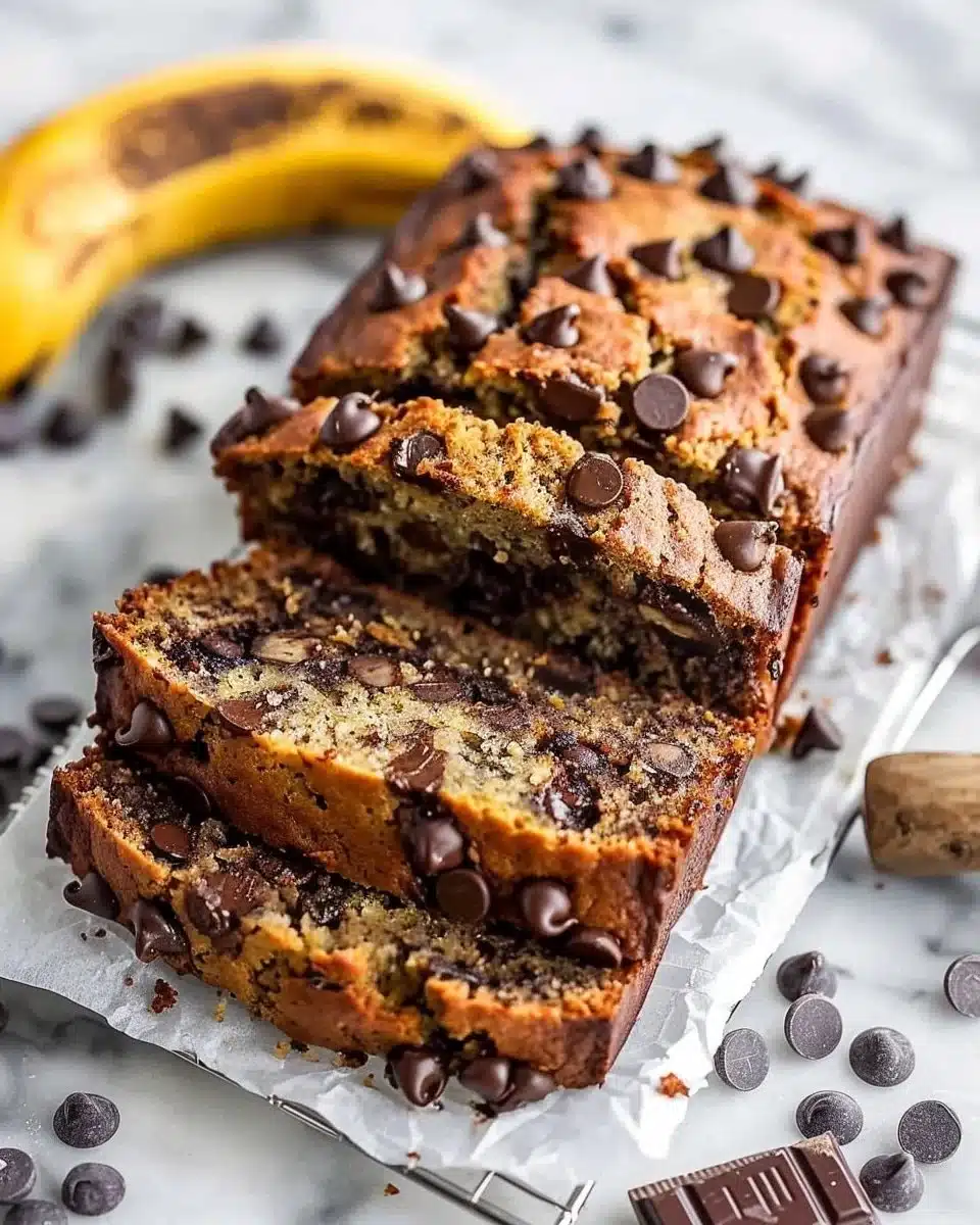 Super moist chocolate chip banana bread with melted chocolate chips and ripe bananas