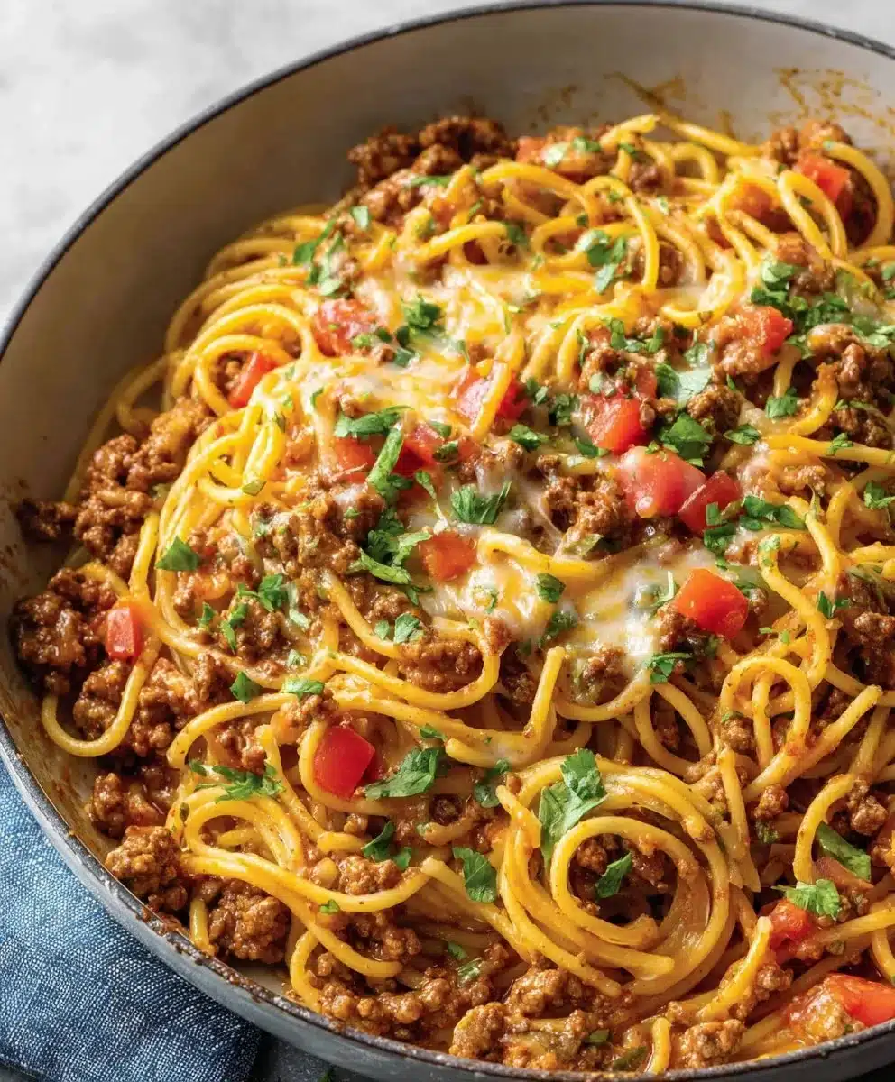 A delicious serving of Taco Spaghetti topped with cheese, ready for family dinner.