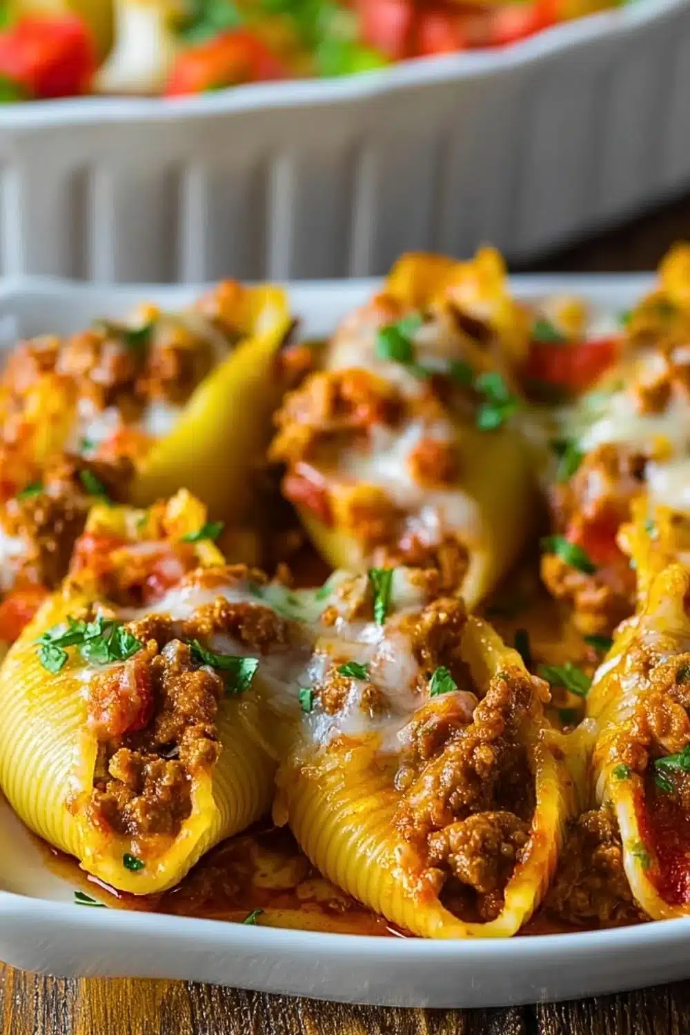 Delicious taco stuffed shells ready to serve for a flavorful dinner.
