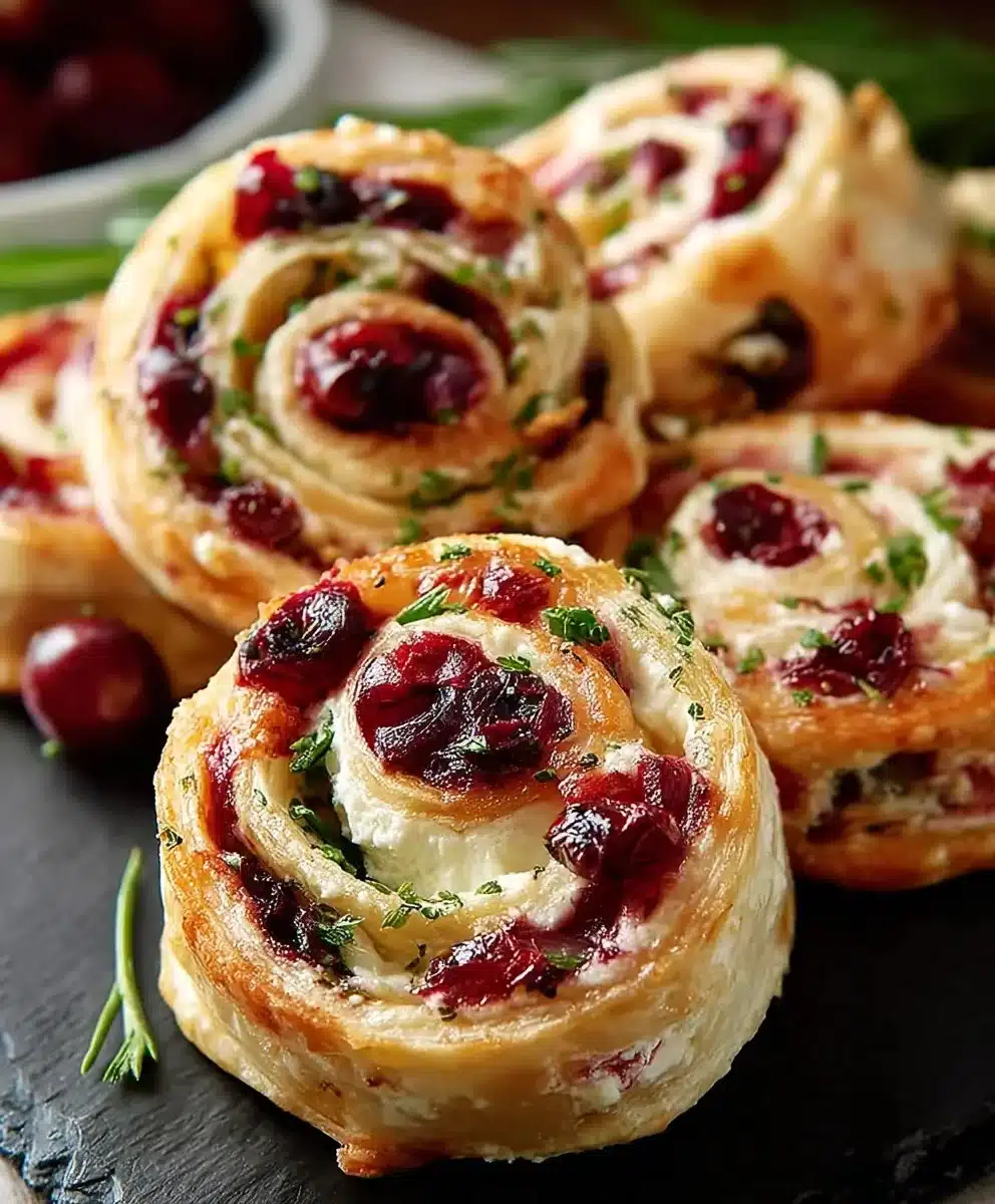 Delicious Christmas Cranberry Feta Pinwheels served on a festive platter
