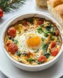 Baked feta eggs with tomatoes and spinach served in a white dish