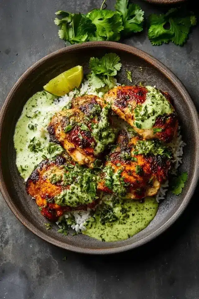 Delicious Peruvian chicken served with creamy green sauce on a plate
