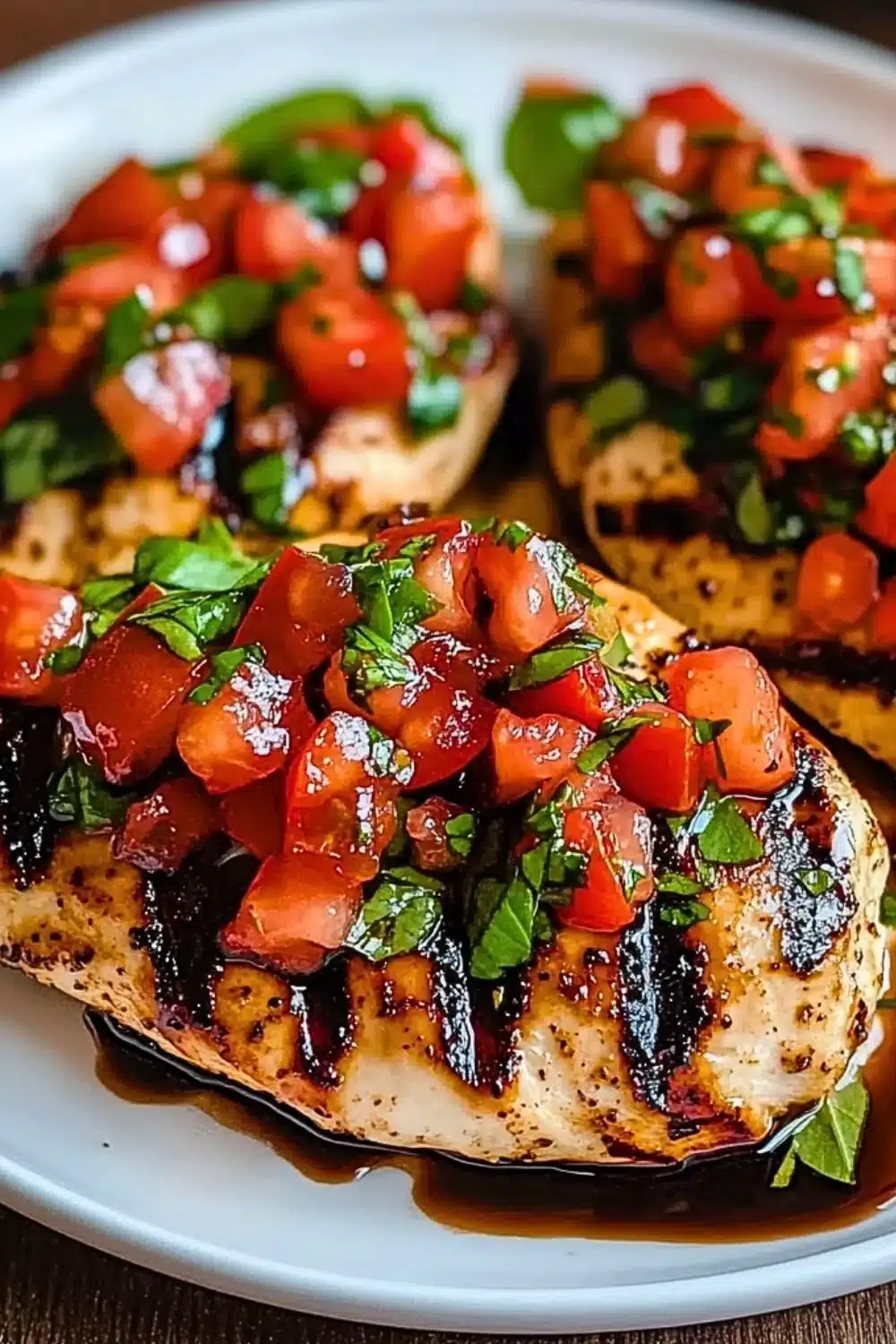 Plate of Bruschetta Chicken with fresh tomato and basil topping