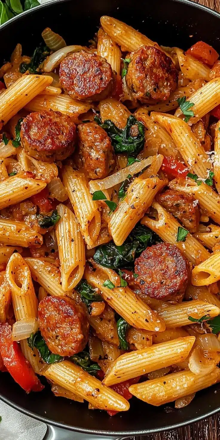 Delicious Cajun sausage pasta served in a bowl with herbs and spices.