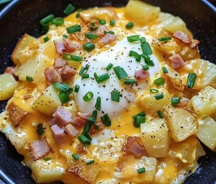 Delicious cheesy potato egg scramble served in a bowl with herbs.