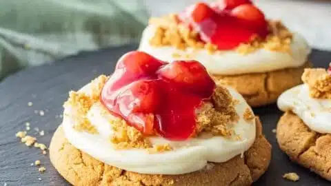Delicious Cherry Cheesecake Cookies with a creamy filling and cherry topping.
