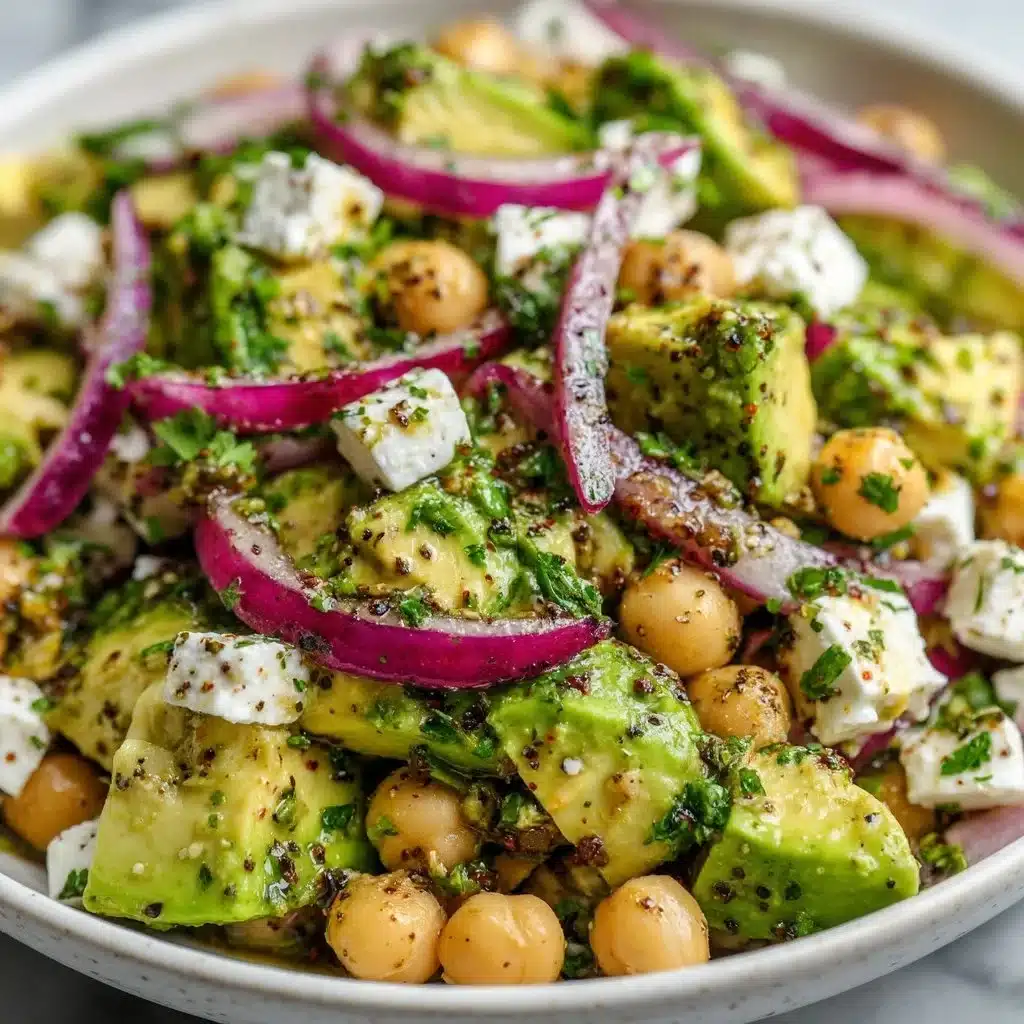 Chickpea Salad with feta cheese and avocado in a colorful bowl